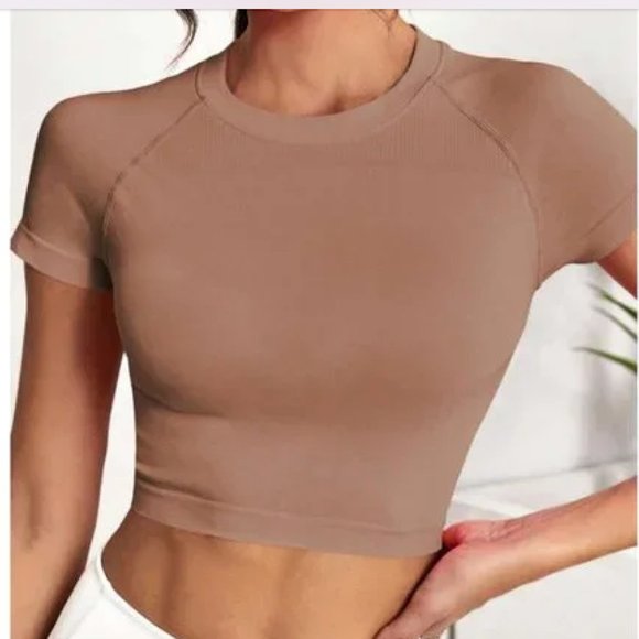 SHEIN Tops - SHEIN Yoga Basic Solid Raglan Sleeve Crop Sports Tee in Mocha Size  Small
